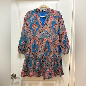 J. Crew Vibrant Blue and Red Paisley Long Sleeve Dress